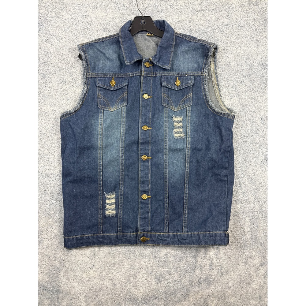 Unbranded Mens L Blue Denim Vest Distressed Sleeveless Trucker Jacket